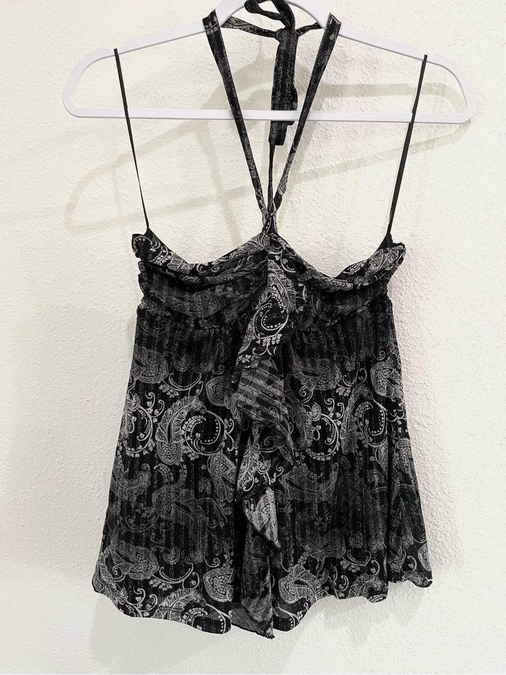 Vintage Y2K Black Paisley Halter Top Ruffle Babydoll Whimsical